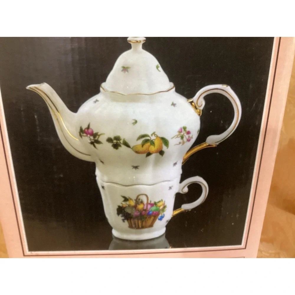 Porcelain Stacking‎ Teapot & Cup Fruit Pattern Fine China - New In Box 3-Piece